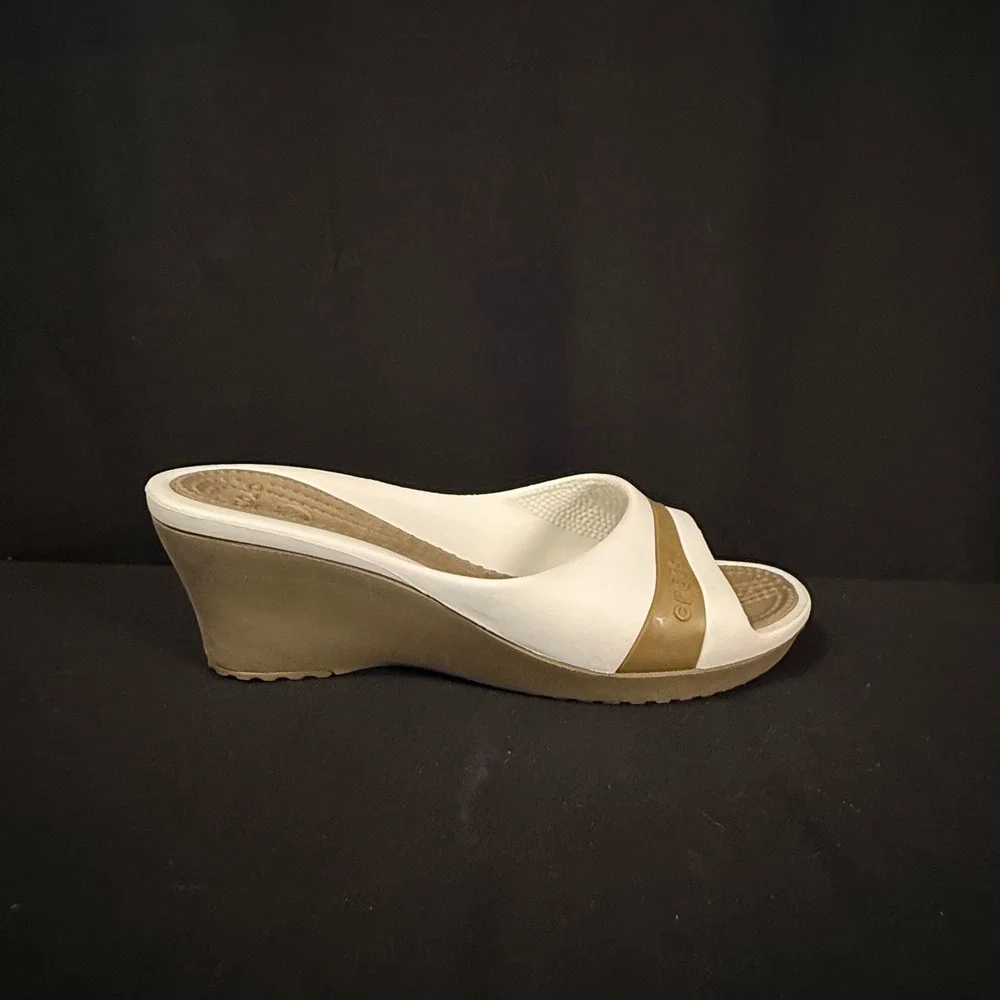Crocs Sassari Wedge Slide Sandals Slip On Mules Heels White Tan Khaki Womens 10